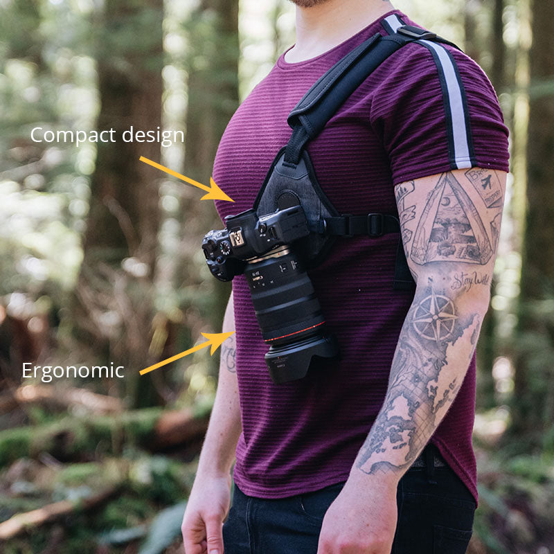 Outdoor photography camera harness features