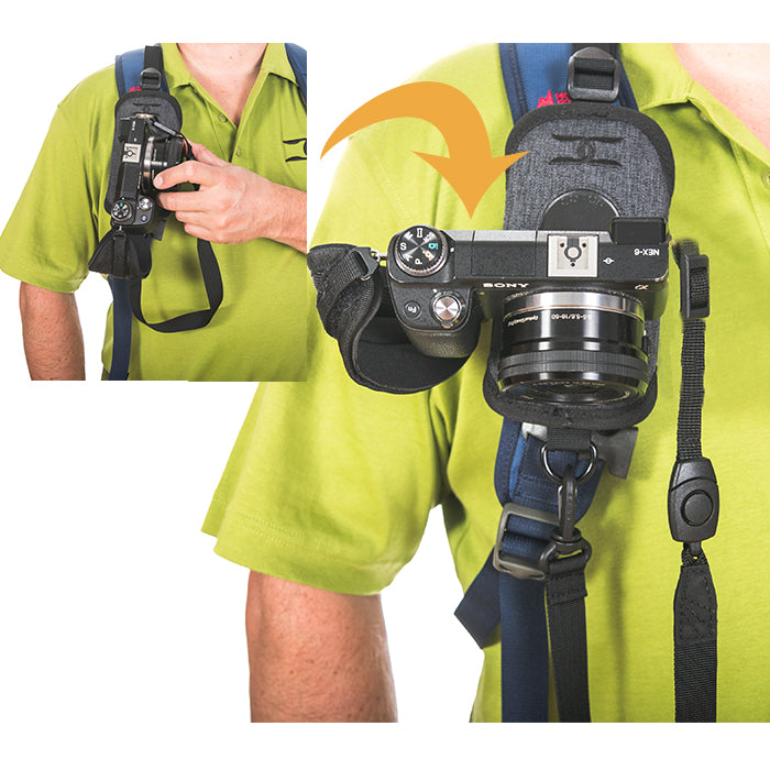 Instructional image of a camera being placed into a CCS G3 Grey Strapshot camera holster